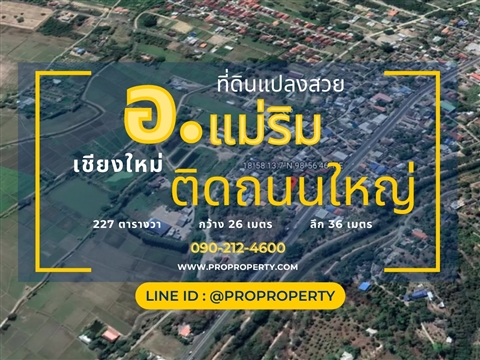 ขายที่ดินเชียงใหม่ ติดถนนใหญ่ ใกล้แหล่งชุมชน อ.แม่ริม ต.สันโป่ง 227 ตรว