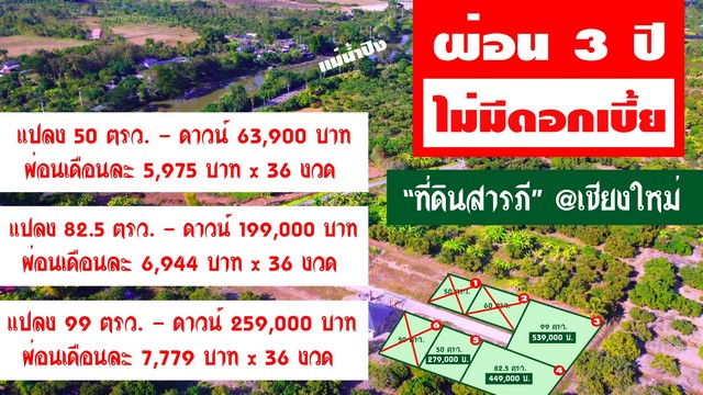 ขายที่ดินเริ่ม50ว.279,000บ ฟรีโอน ผ่อนได้ ใกล้น้ำปิง ถ.คอนกรีต ถม น้ำ ไฟ ต.สันทราย อ.สารภี เชียงใหม่