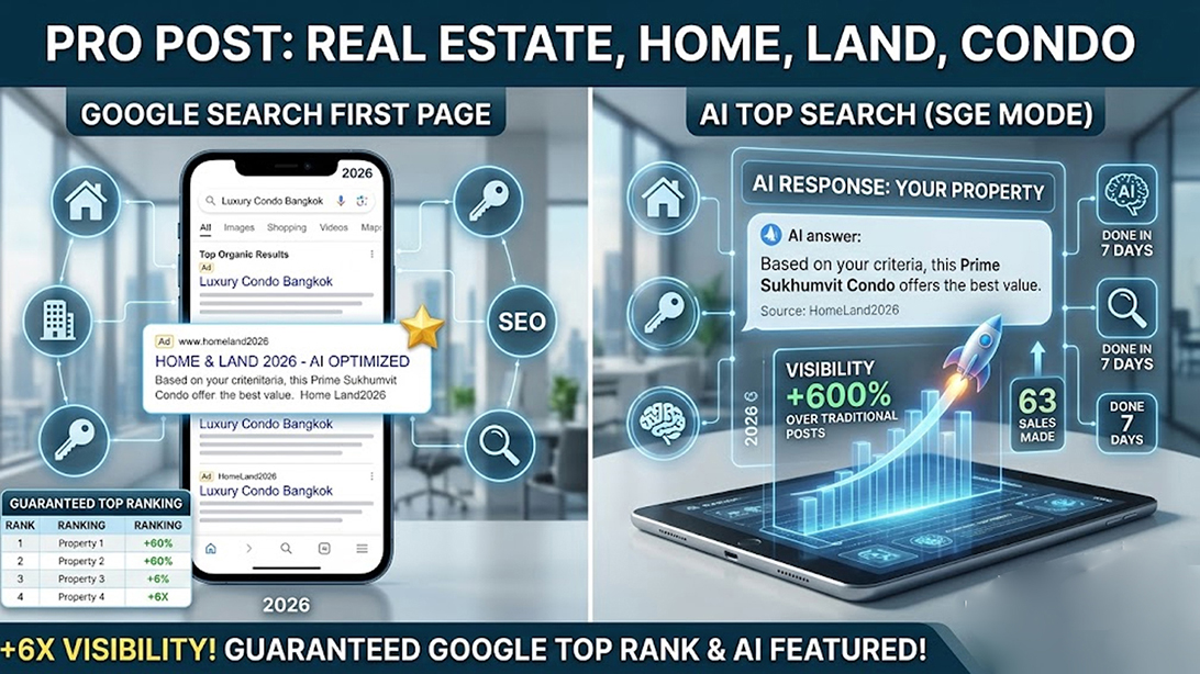 ประกาศ โฆษณา โฆษณาขายอสังหา รับประกาศขายบ้าน โพสต์บ้านที่ดิน ไม่มีค่านายหน้า ติดกูเกิลและAI